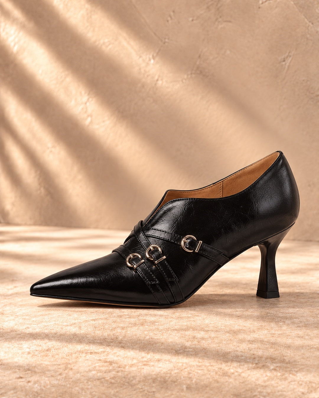 Evelina Triple-Buckle Spool-Heel Pumps in Charcoal - side view