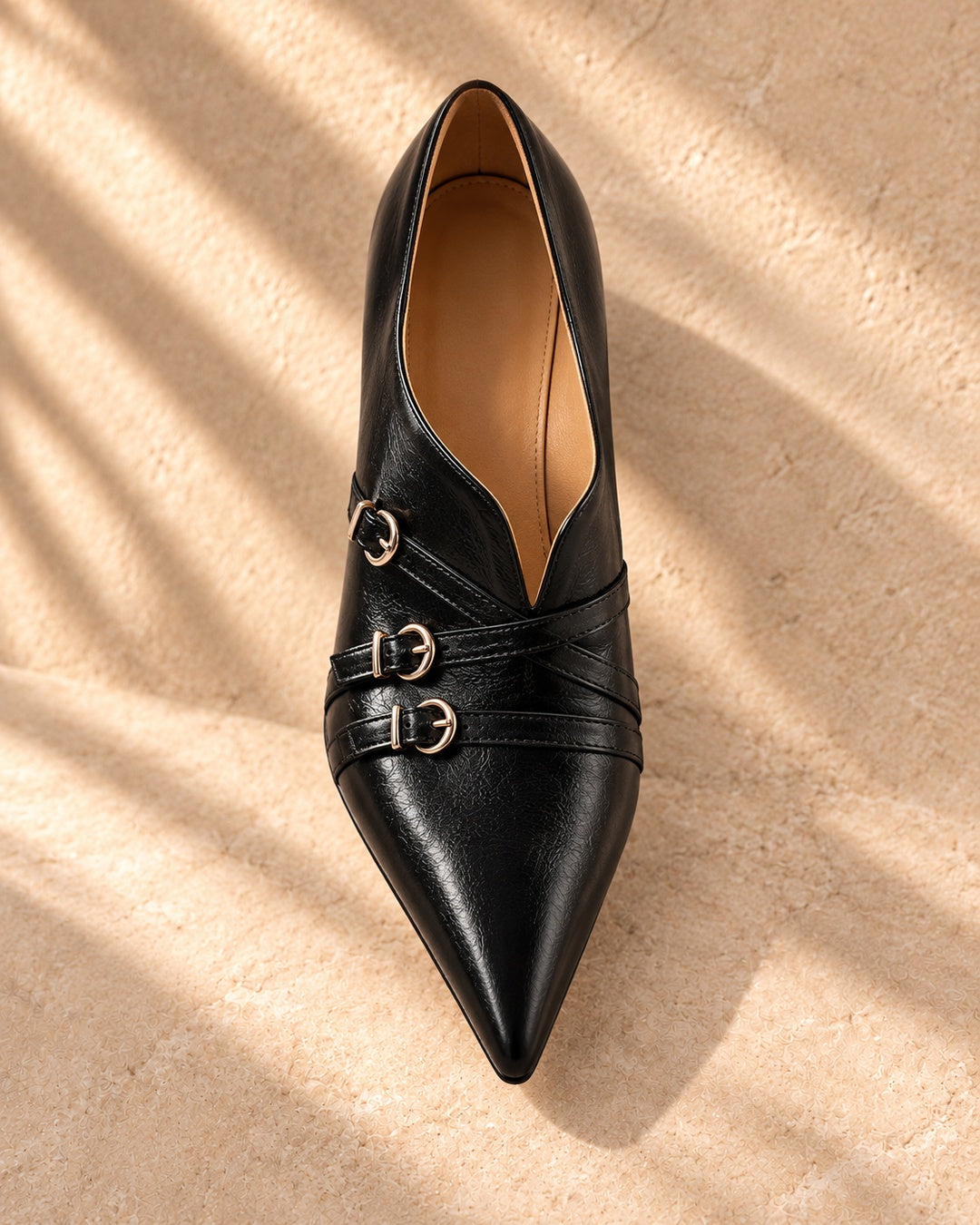 Evelina Triple-Buckle Spool-Heel Pumps in Charcoal - top view