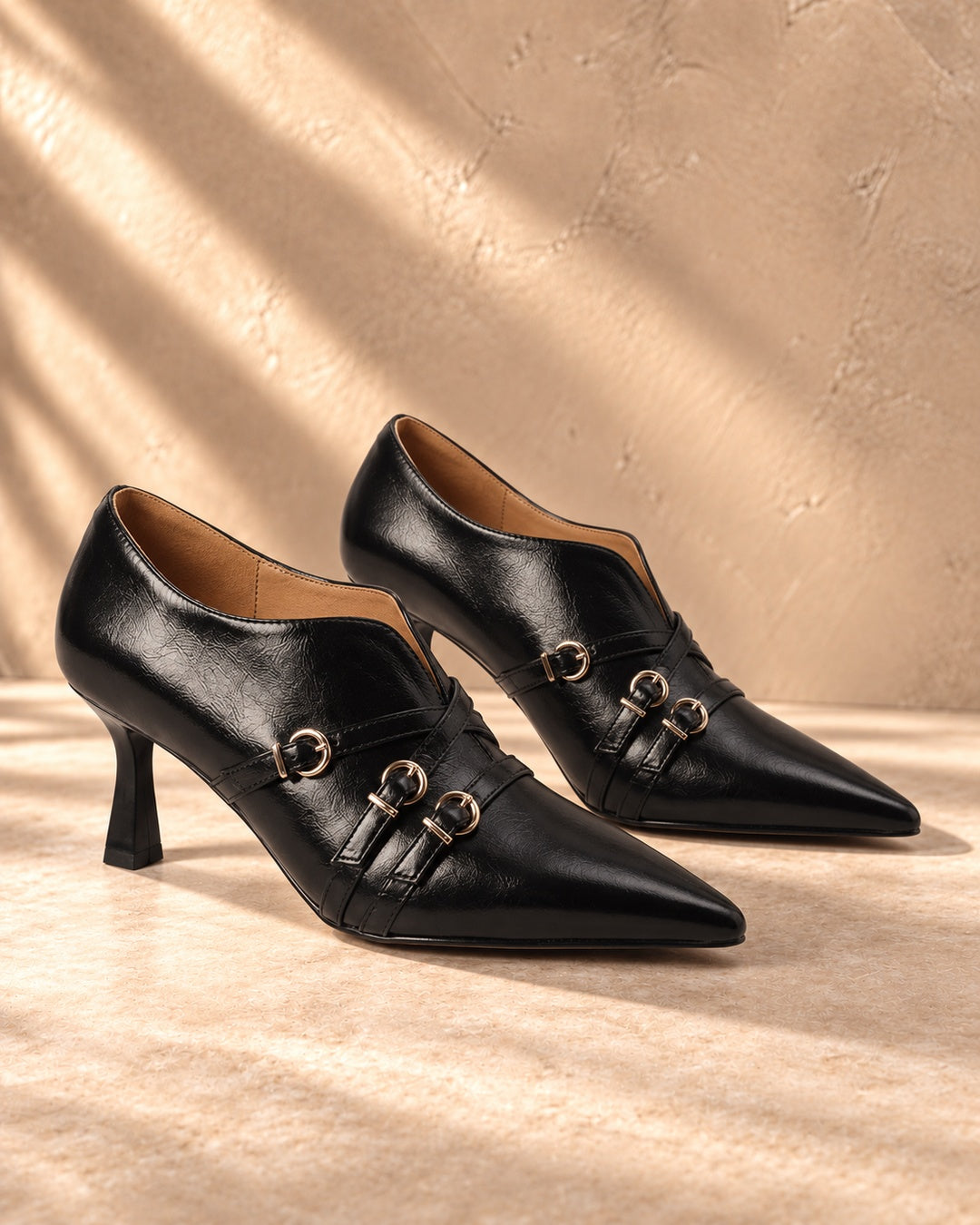 Evelina Triple-Buckle Spool-Heel Pumps in Charcoal - pair