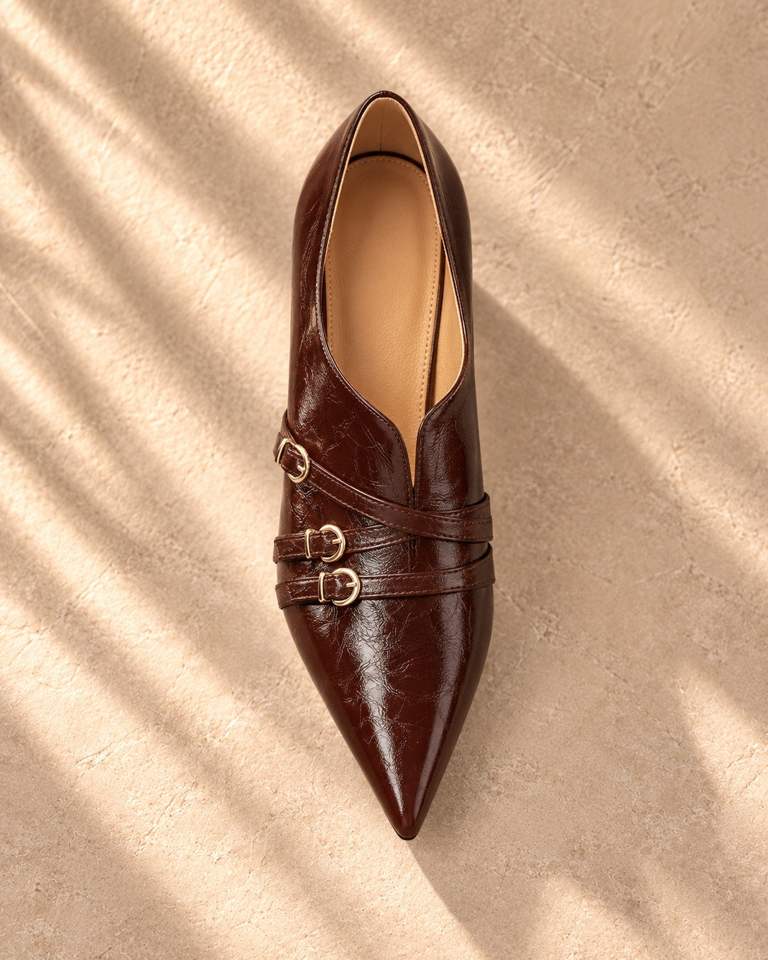 Evelina Triple-Buckle Spool-Heel Pumps in Mahogany - top view