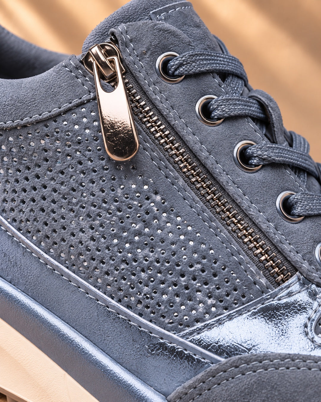 Isabeau Metallic Side-Zip Sneakers in Blue - material detail