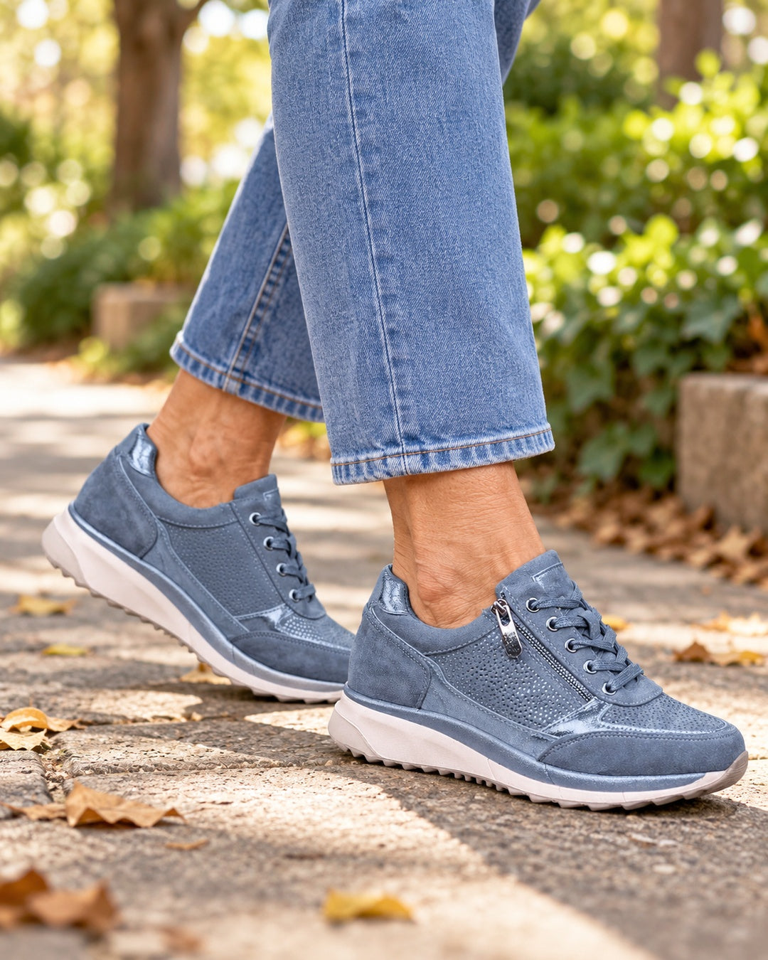 Isabeau Metallic Side-Zip Sneakers in Blue - walking