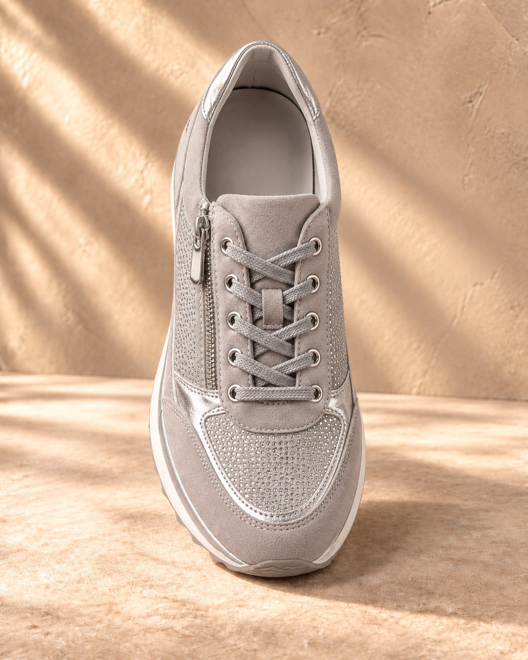 Isabeau Metallic Side-Zip Sneakers in Gray - top view