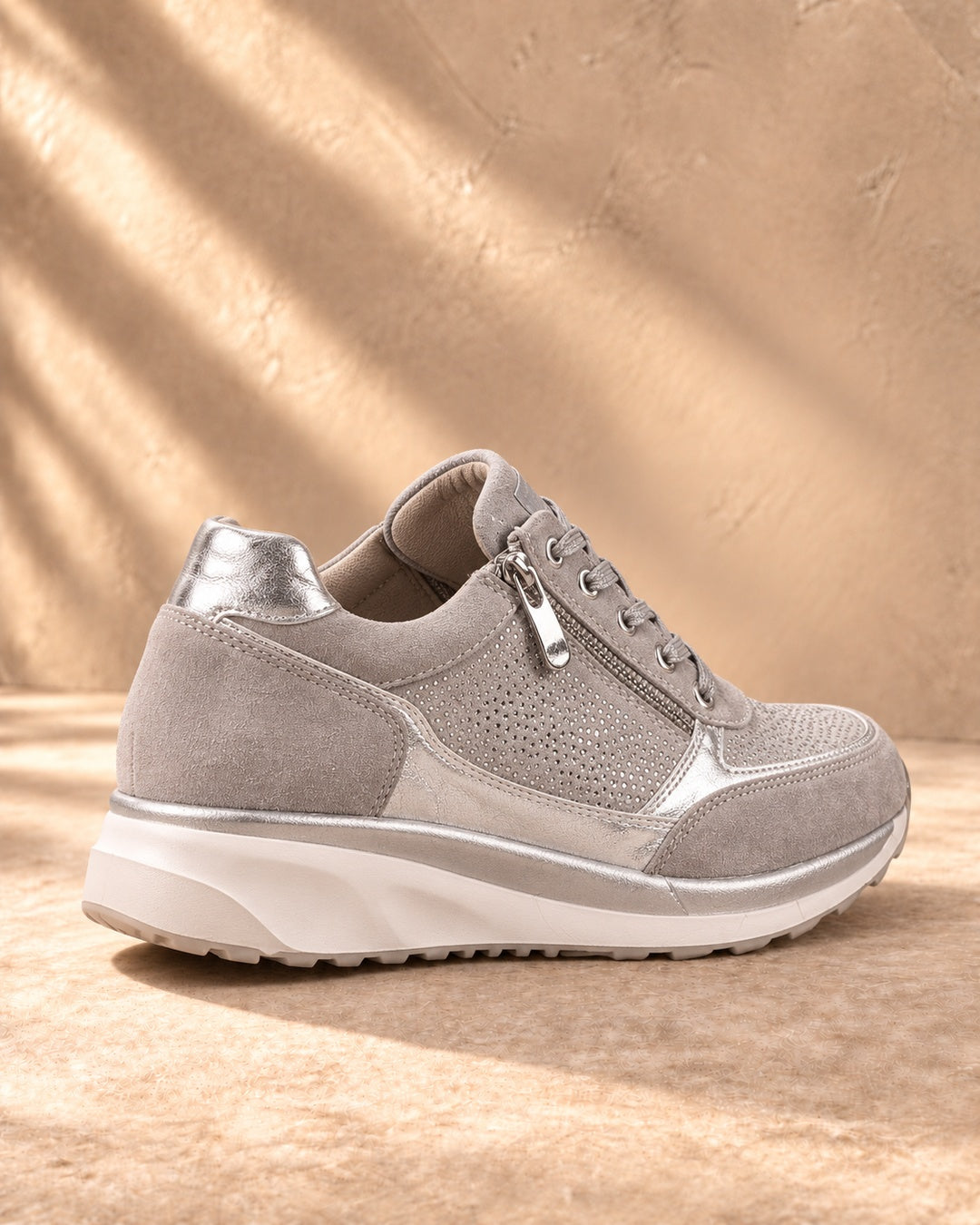 Isabeau Metallic Side-Zip Sneakers in Gray - rear view