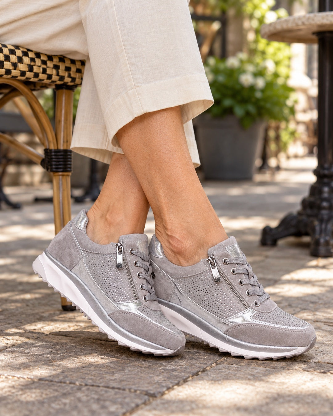 Isabeau Metallic Side-Zip Sneakers in Gray - on foot