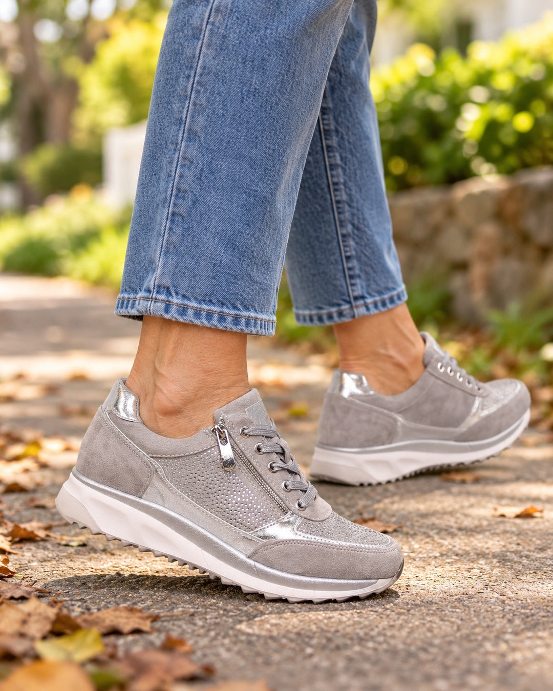 Isabeau Metallic Side-Zip Sneakers in Gray - walking