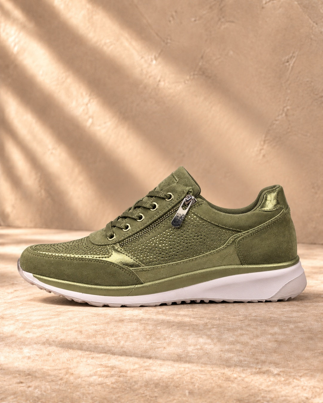 Isabeau Metallic Side-Zip Sneakers in Green - side view
