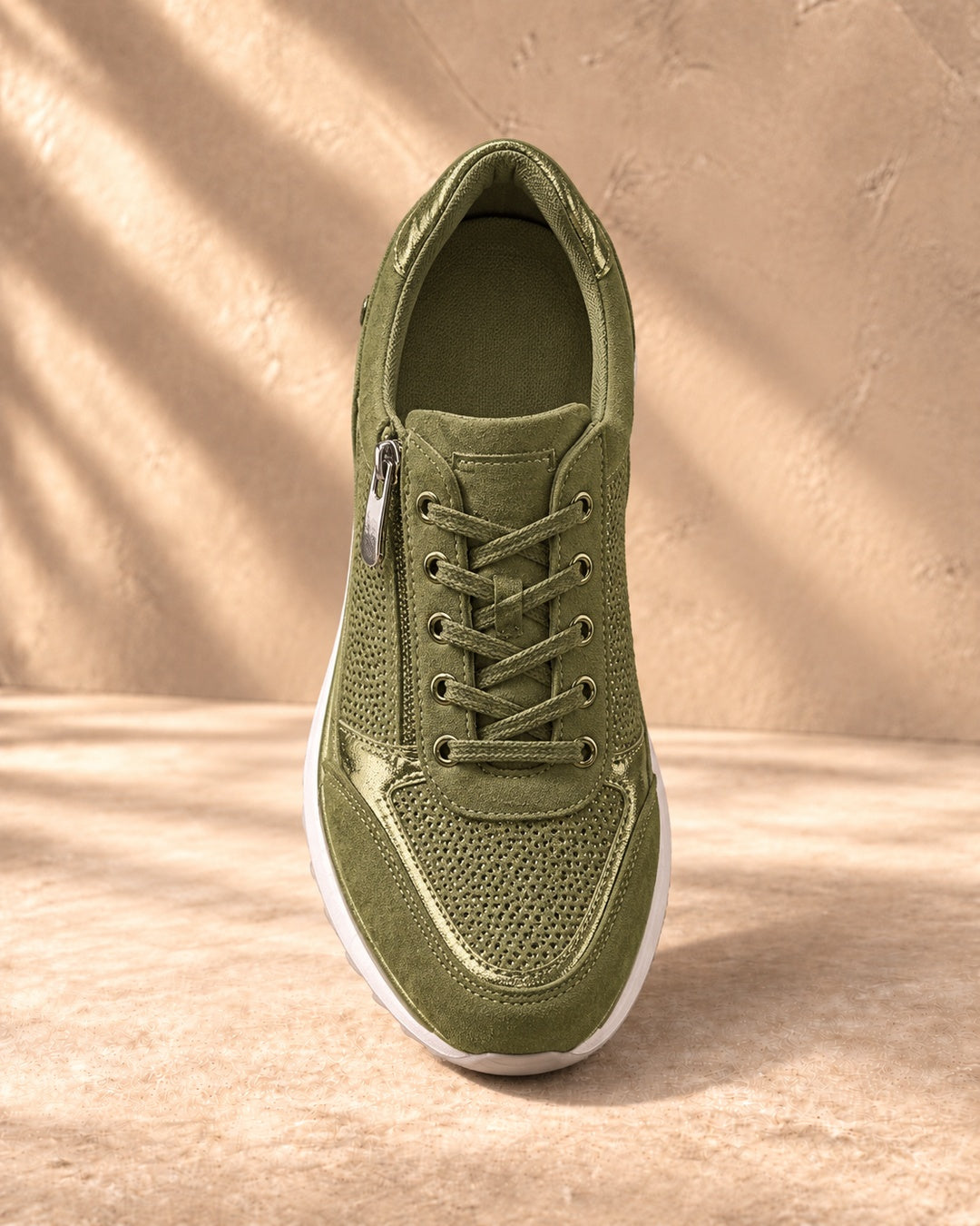 Isabeau Metallic Side-Zip Sneakers in Green - top view