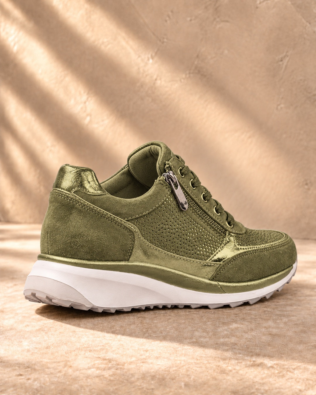 Isabeau Metallic Side-Zip Sneakers in Green - rear view