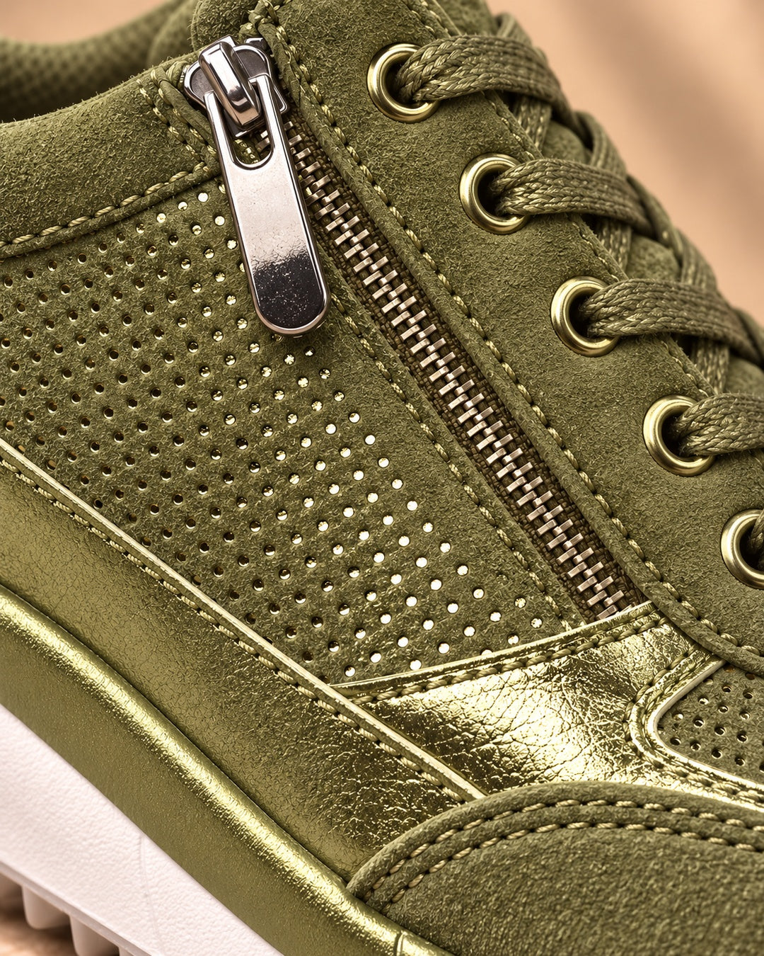 Isabeau Metallic Side-Zip Sneakers in Green - material detail