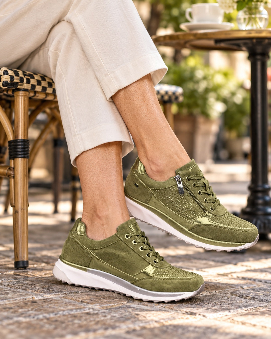 Isabeau Metallic Side-Zip Sneakers in Green - on foot