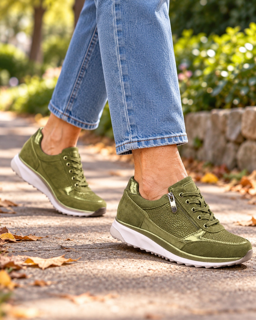 Isabeau Metallic Side-Zip Sneakers in Green - walking