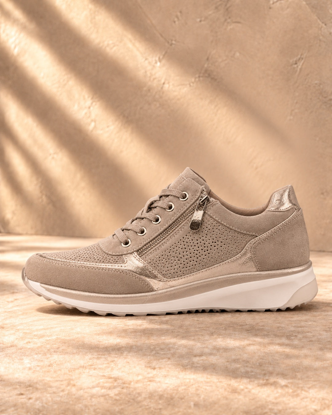 Isabeau Metallic Side-Zip Sneakers in Khaki - side view
