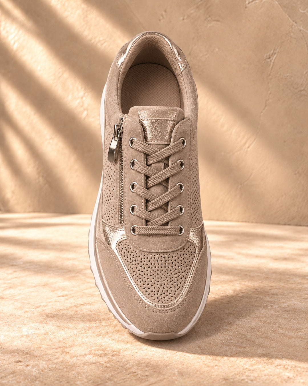 Isabeau Metallic Side-Zip Sneakers in Khaki - top view