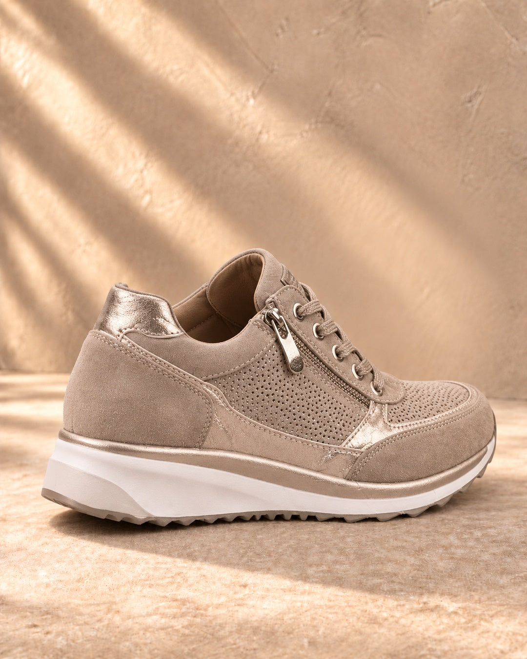 Isabeau Metallic Side-Zip Sneakers in Khaki - rear view