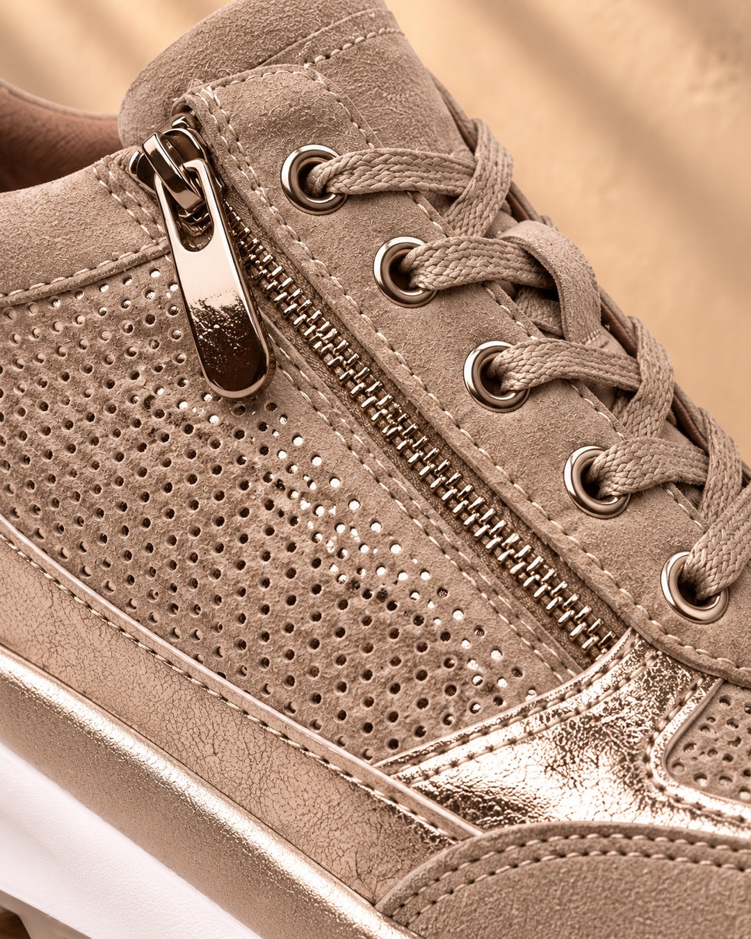 Isabeau Metallic Side-Zip Sneakers in Khaki - material detail