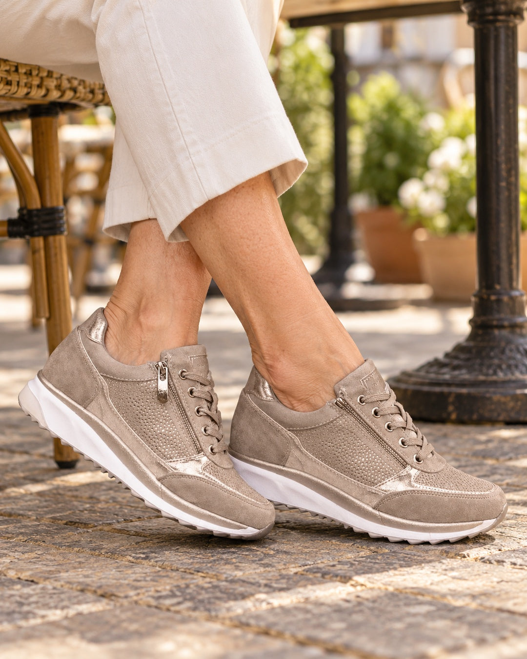 Isabeau Metallic Side-Zip Sneakers in Khaki - on foot
