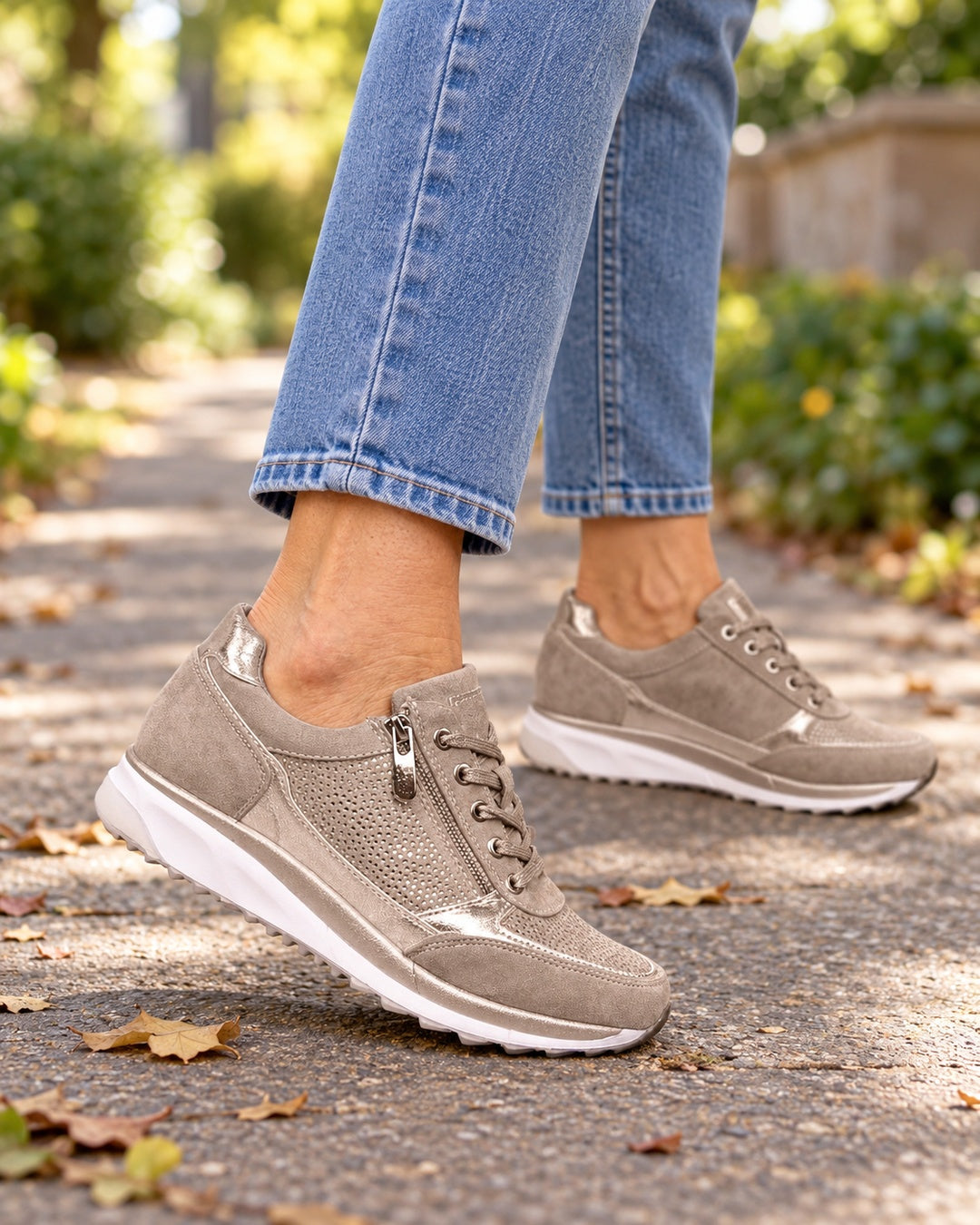 Isabeau Metallic Side-Zip Sneakers in Khaki - walking