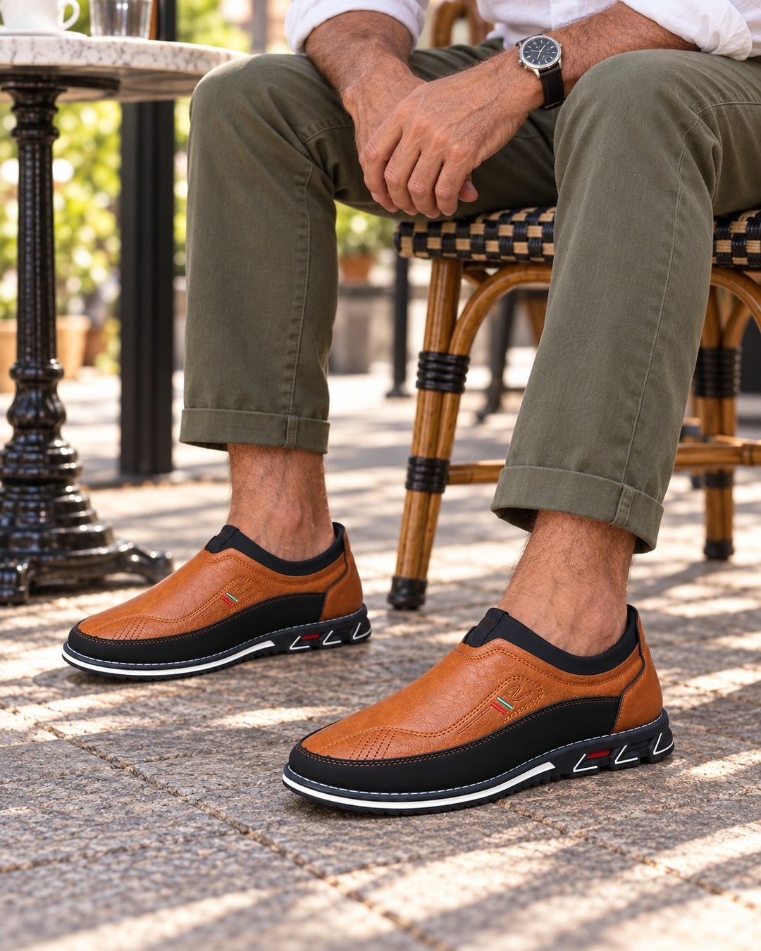 Lorenzo Faux-Leather Hybrid Loafers in Burnt Tan - on foot