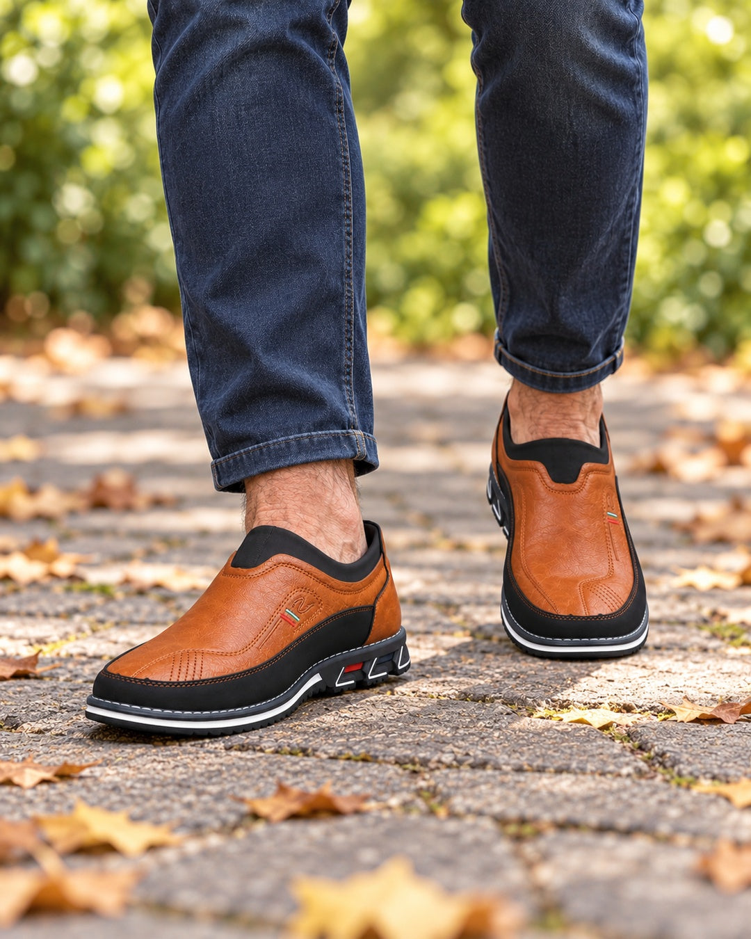 Lorenzo Faux-Leather Hybrid Loafers in Burnt Tan - walking
