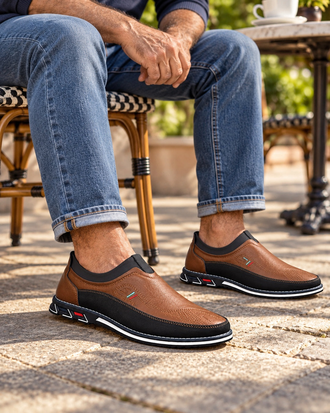 Lorenzo Faux-Leather Hybrid Loafers in Chestnut Brown - on foot
