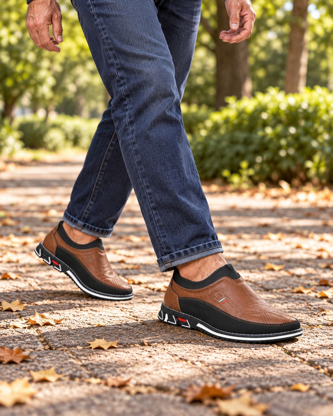 Lorenzo Faux-Leather Hybrid Loafers in Chestnut Brown - walking