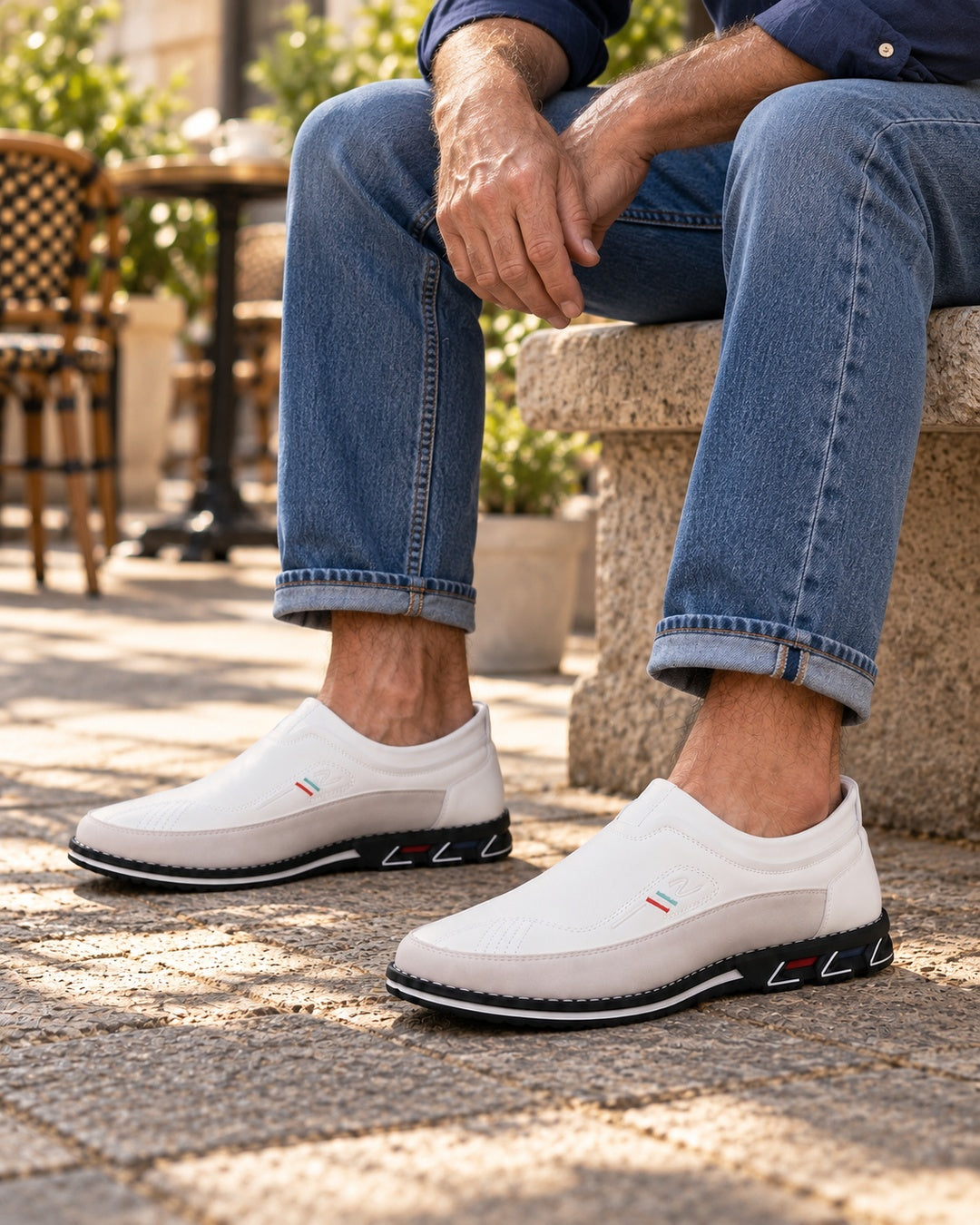 Lorenzo Faux-Leather Hybrid Loafers in Cloud White - on foot