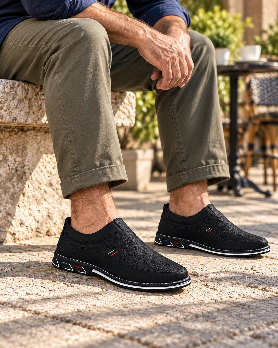 Lorenzo Faux-Leather Hybrid Loafers in Matte Black - on foot