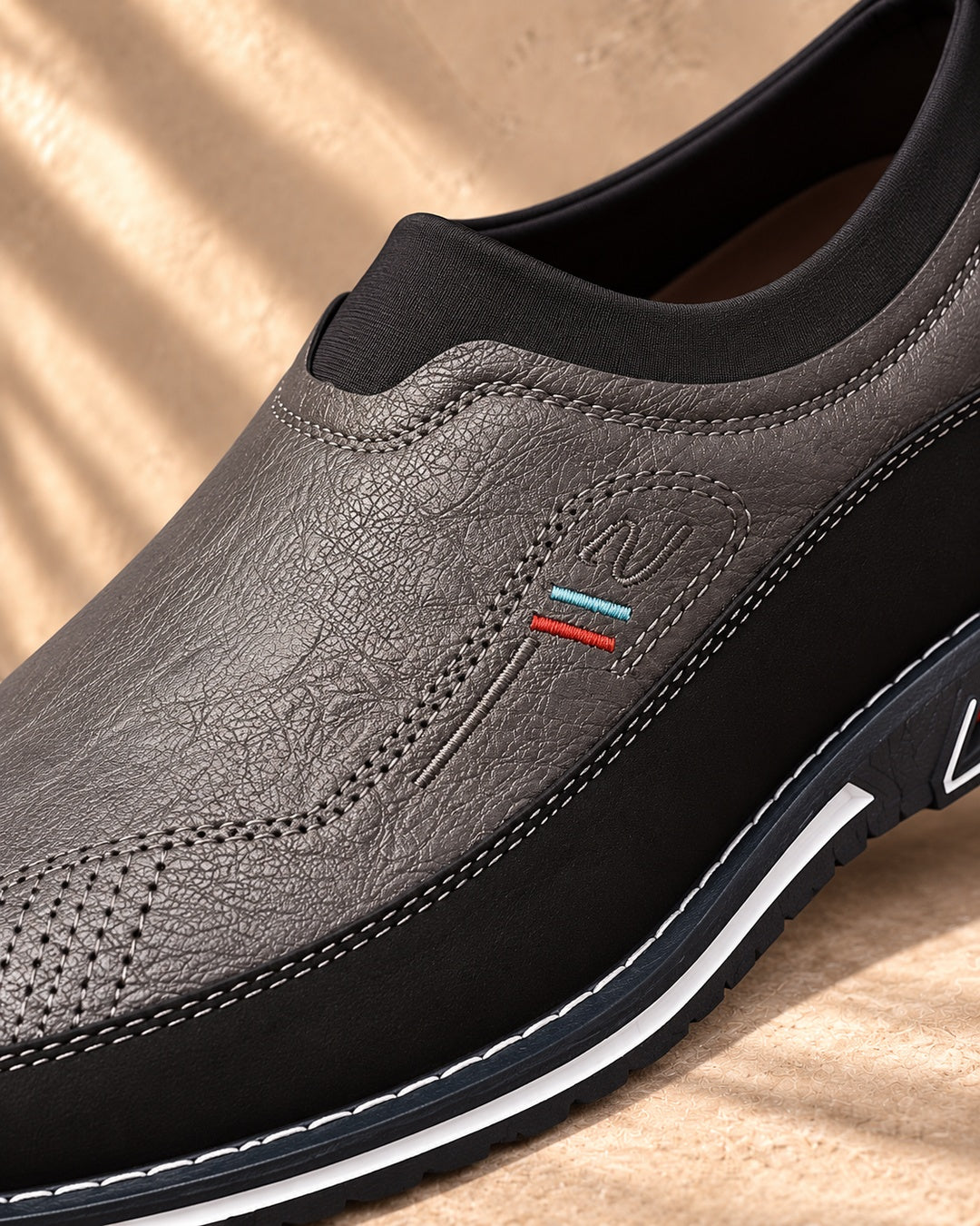 Lorenzo Faux-Leather Hybrid Loafers in Stone Gray - material detail