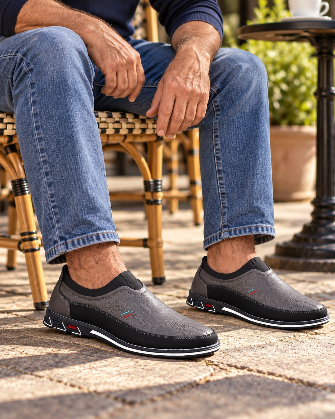 Lorenzo Faux-Leather Hybrid Loafers in Stone Gray - on foot