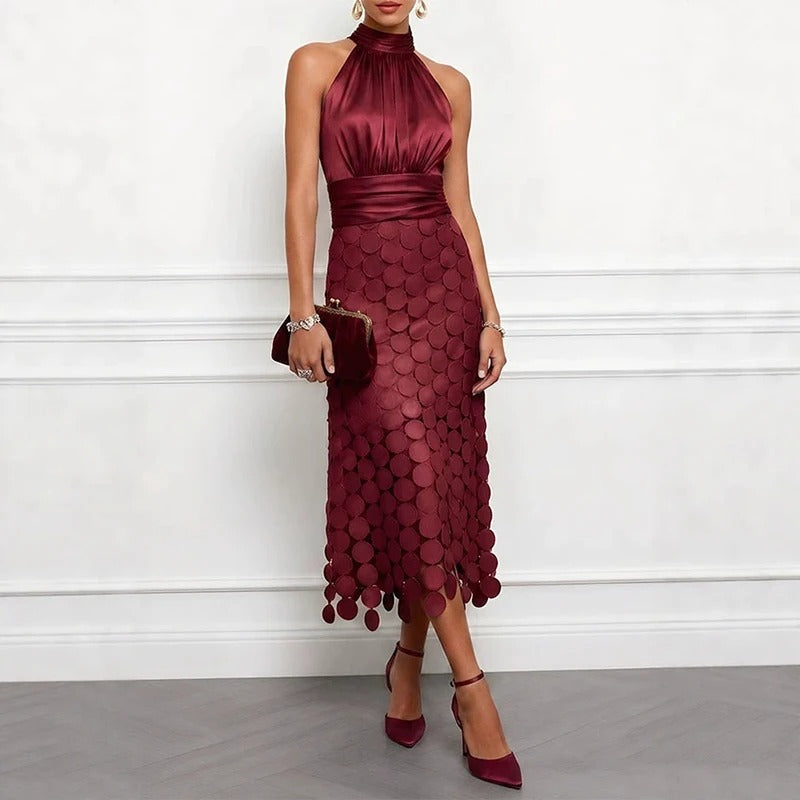 Celine Disc-Appliqué Halter Midi Dress